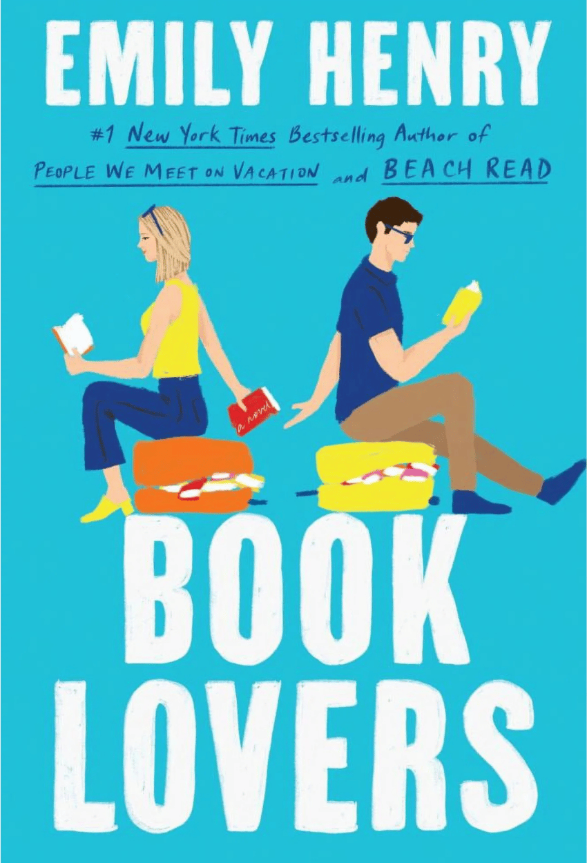Book cover of 'Book Lovers' by Emily Henry with two people reading on a beach.
