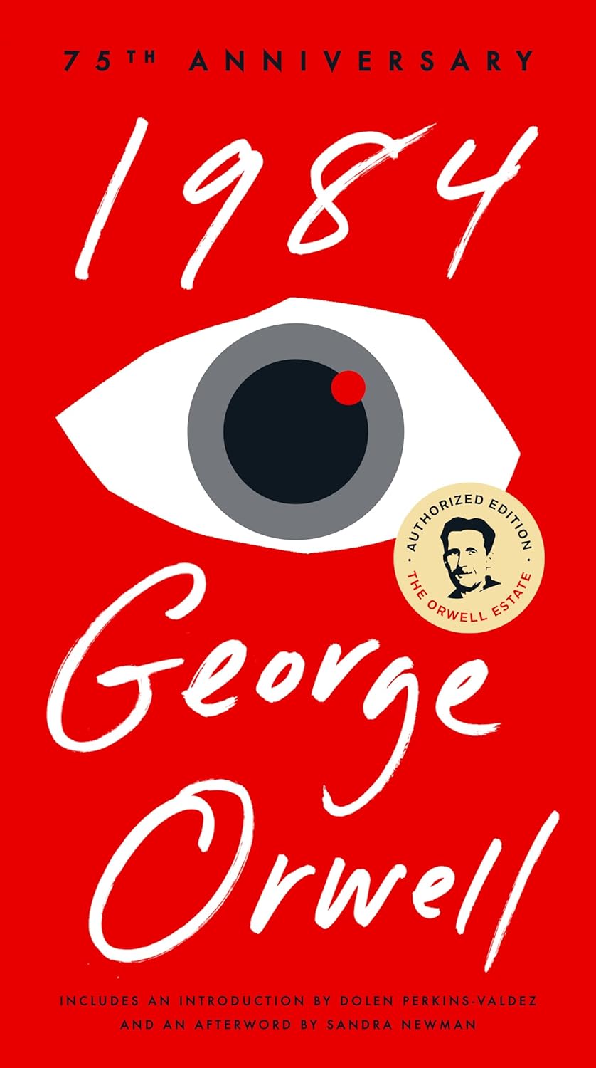 Book cover of '1984' by George Orwell with a red background, white text, and a stylized eye.