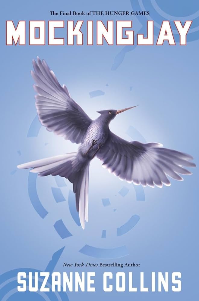Book cover of 'Mockingjay' by Suzanne Collins with a bird flying against a blue background.
