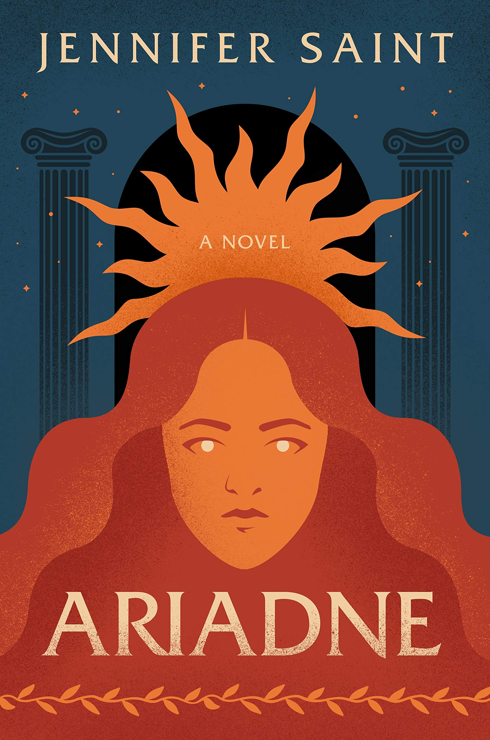 Book cover of 'Ariadne' by Jennifer Saint with a stylized illustration of a woman's face and sun.