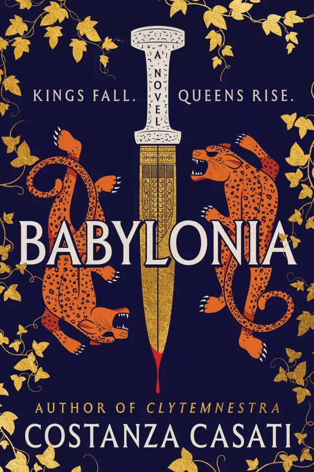 Book cover of 'Babylonia' with a sword and leopards design on a dark background
