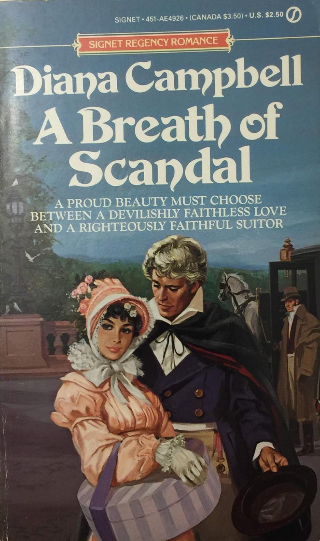 Book cover of 'A Breath of Scandal' by Diana Campbell with a historical illustration on the cover.