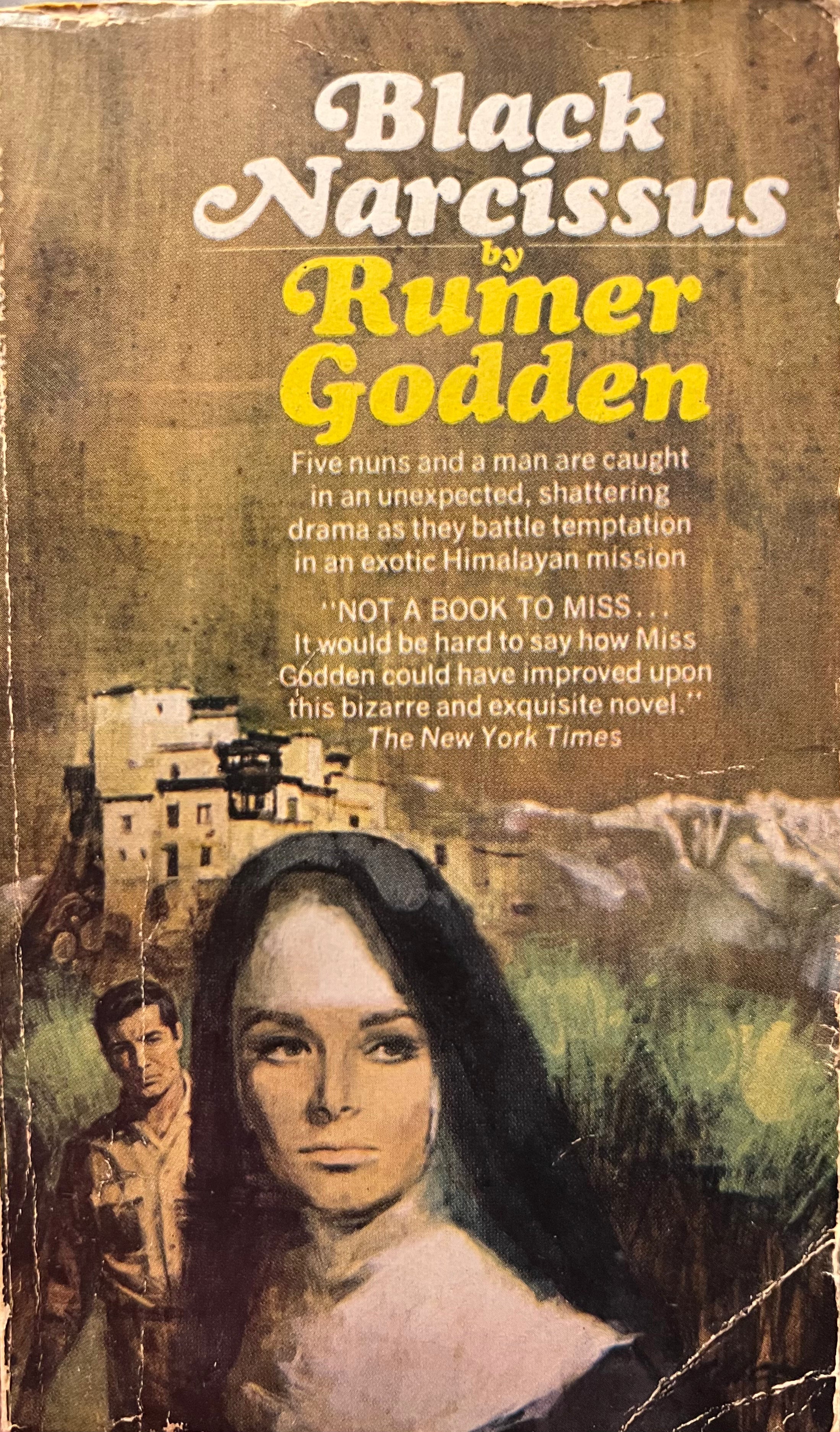 Book cover of 'Black Narcissus' by Rumer Godden with a mountainous landscape and two figures.