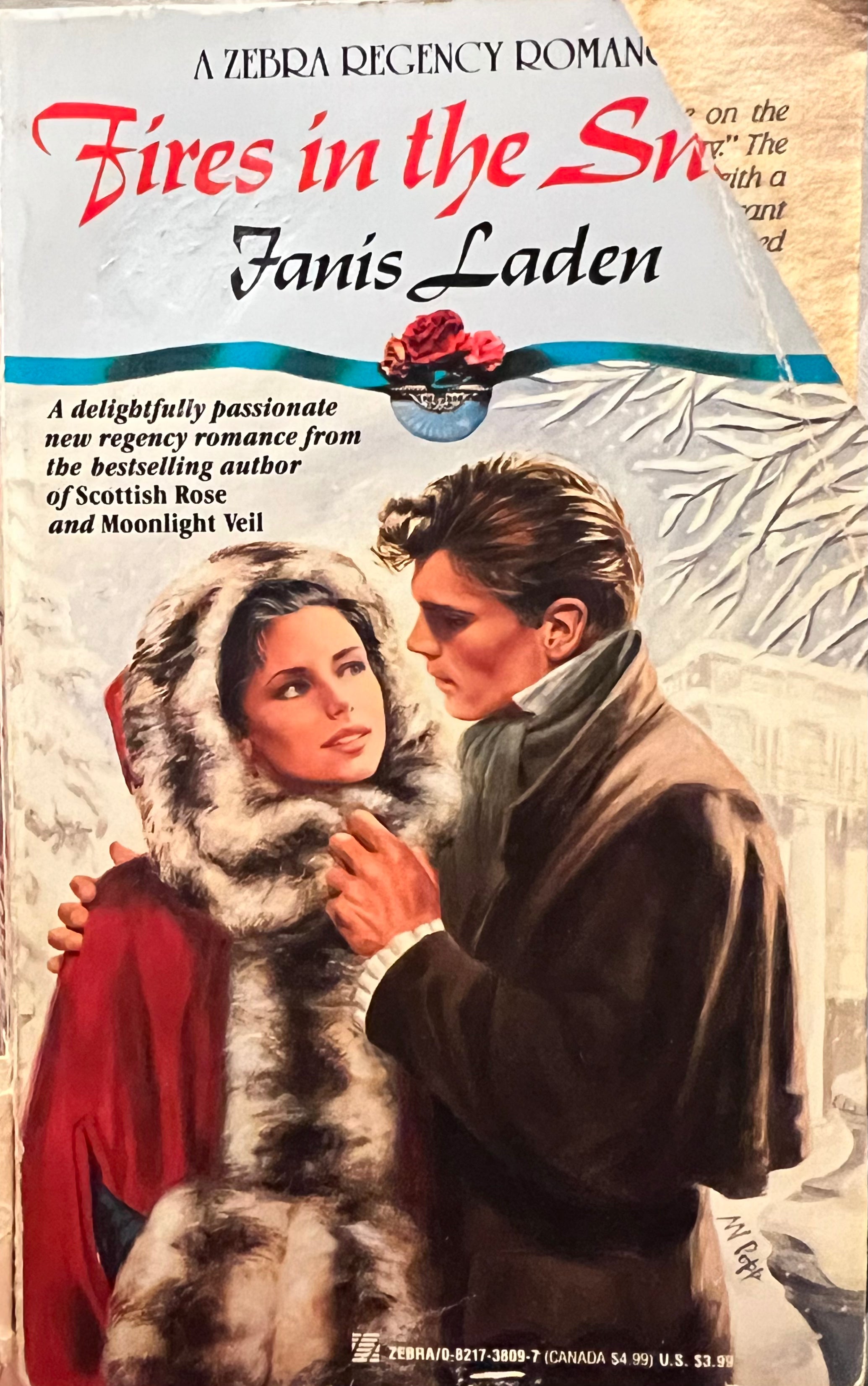 Book cover of 'Fires in the Snow' by Janis Laden featuring a couple in winter clothing.