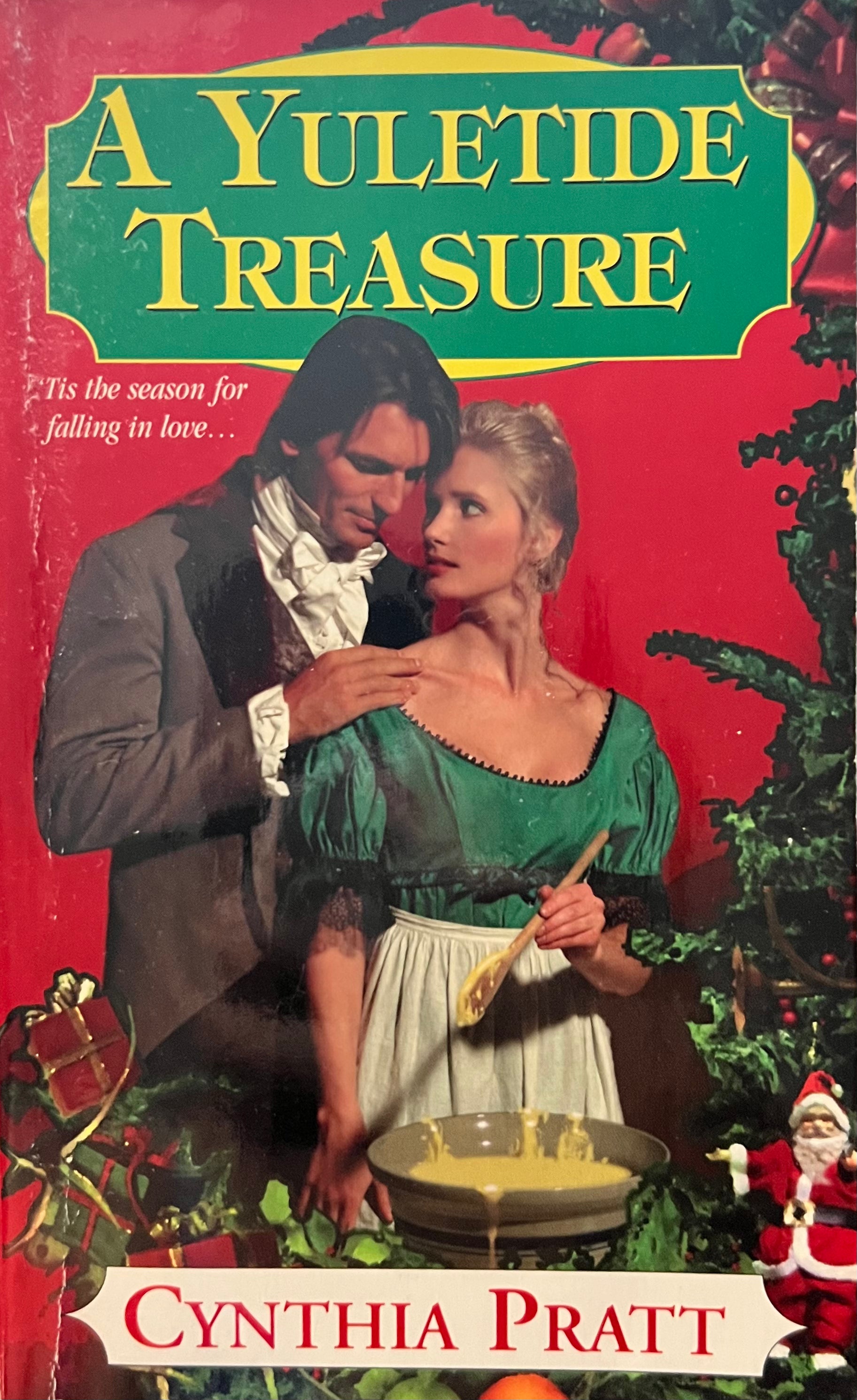Book cover of 'A Yuletide Treasure' by Cynthia Pratt featuring a couple and Christmas elements.