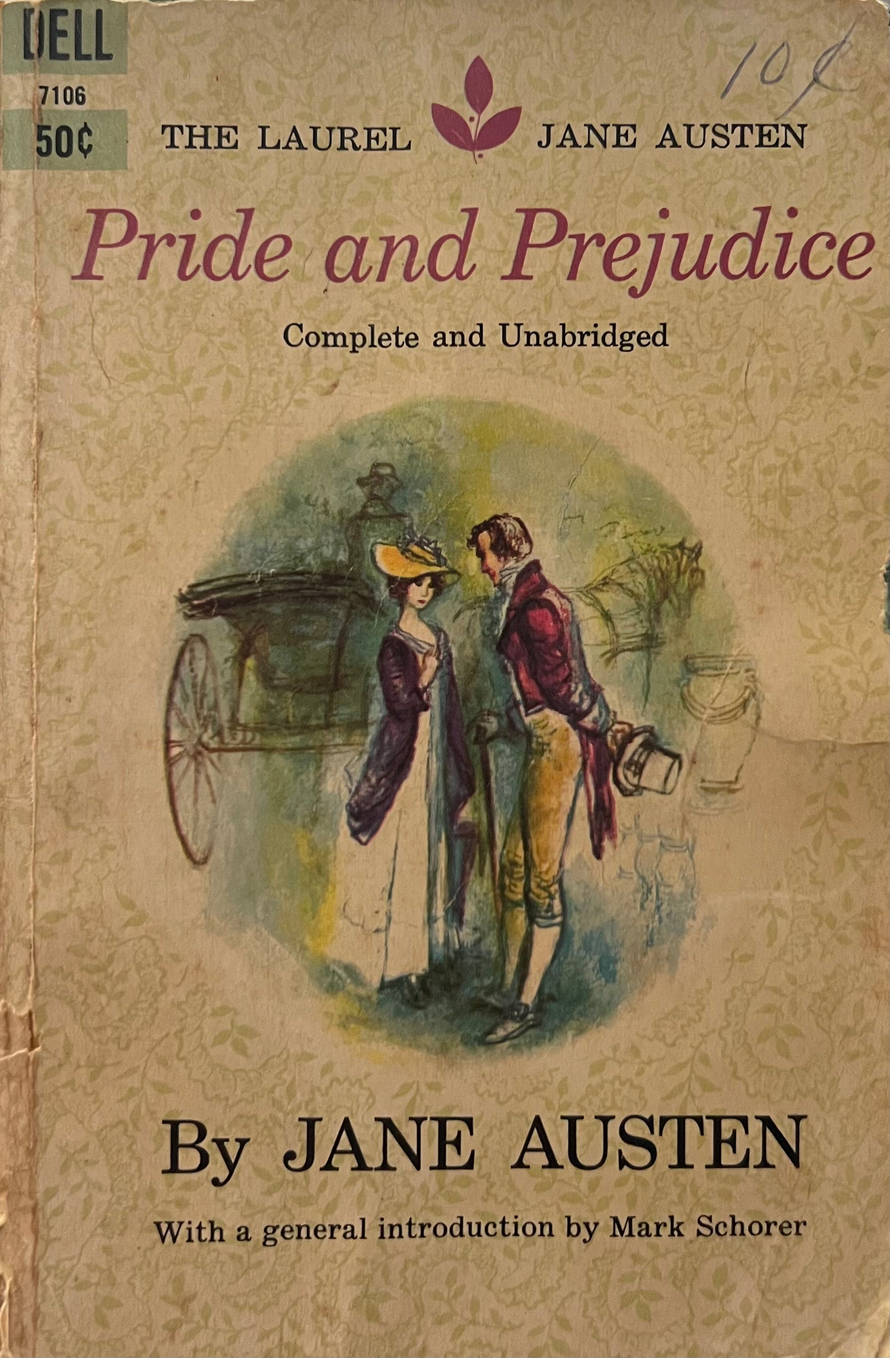 Book cover of 'Pride and Prejudice' by Jane Austen with a vintage design.