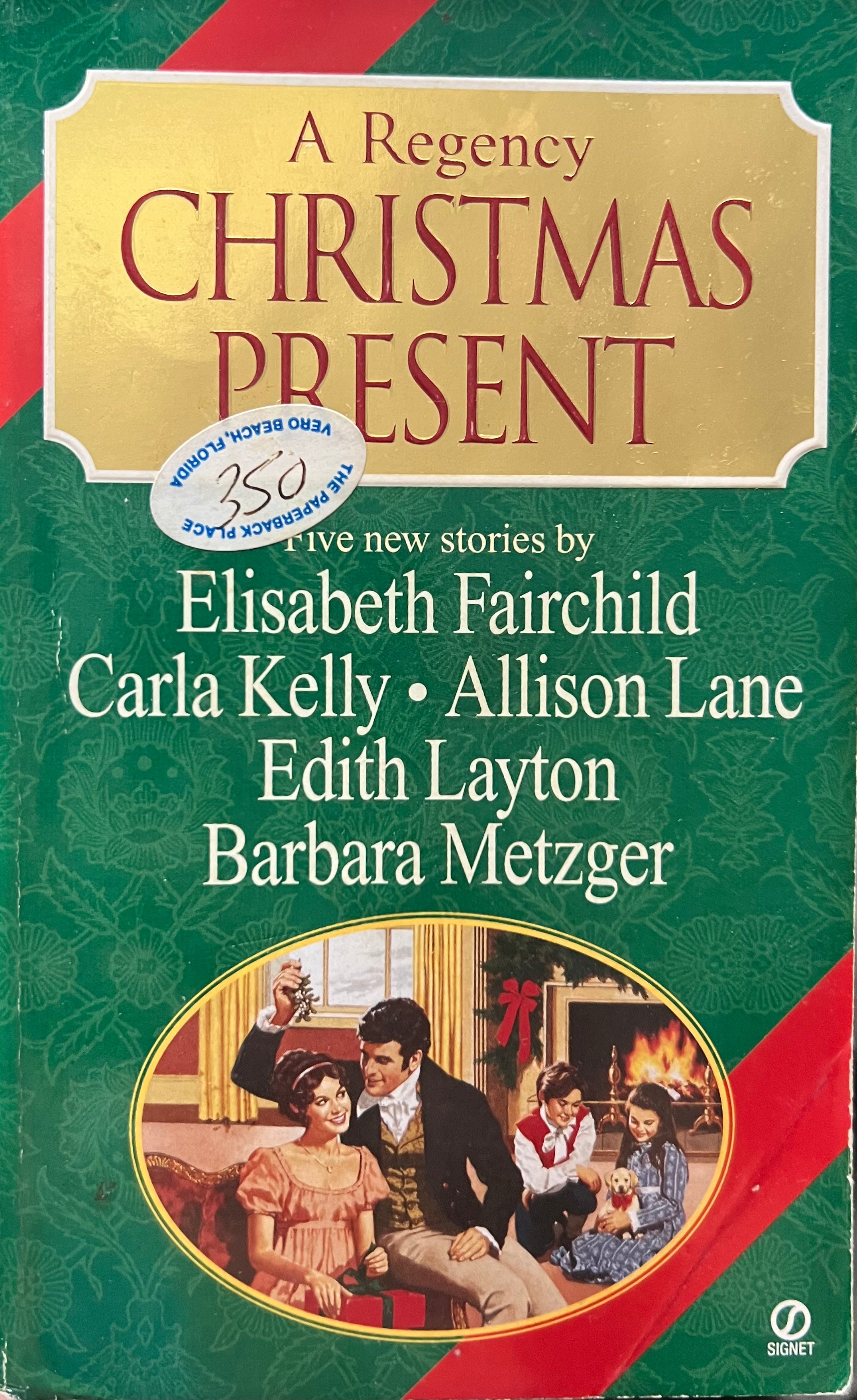 Book cover of 'A Regency Christmas Present' with festive design and illustrations.