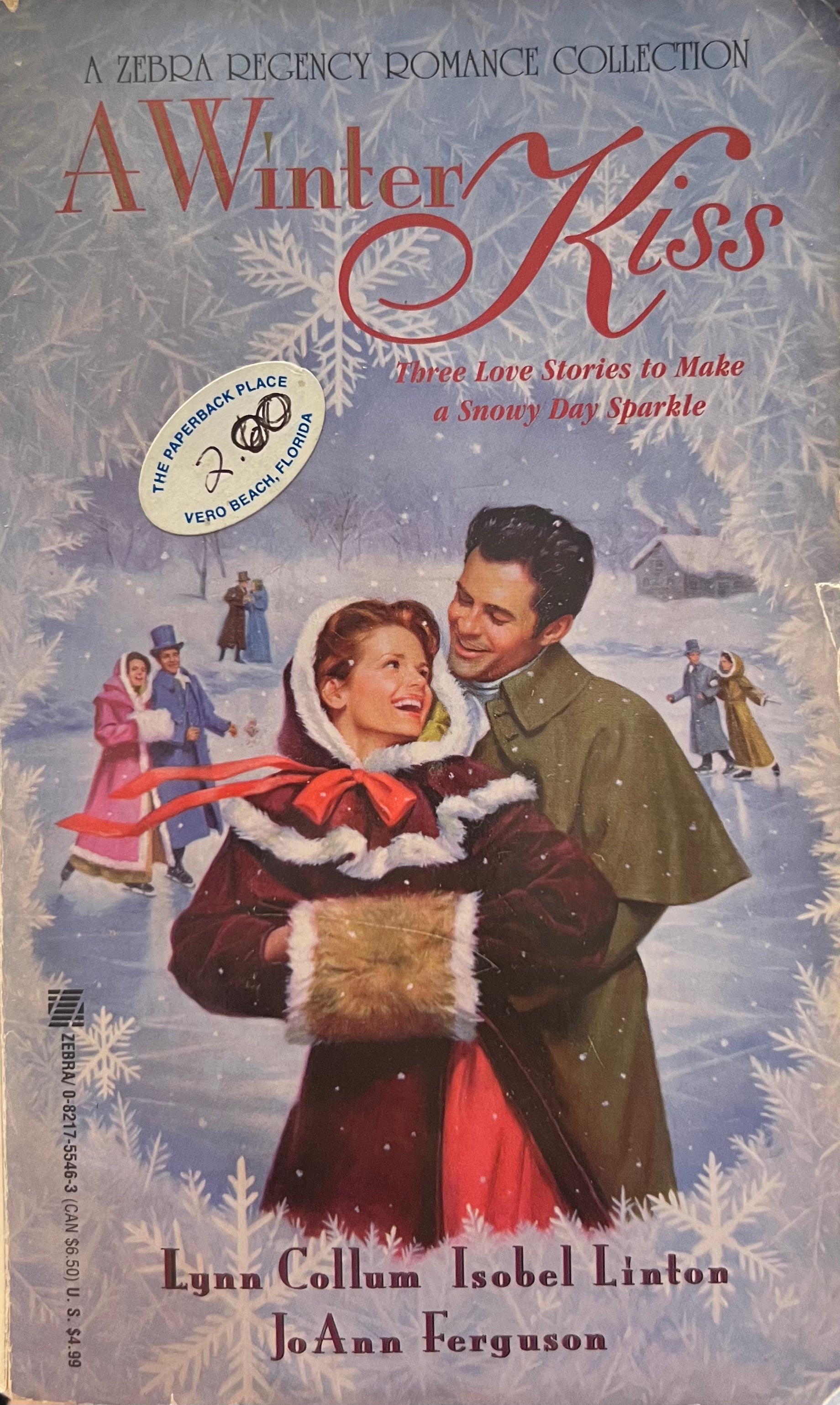 Book cover of 'A Winter Kiss' featuring a couple in a snowy scene.