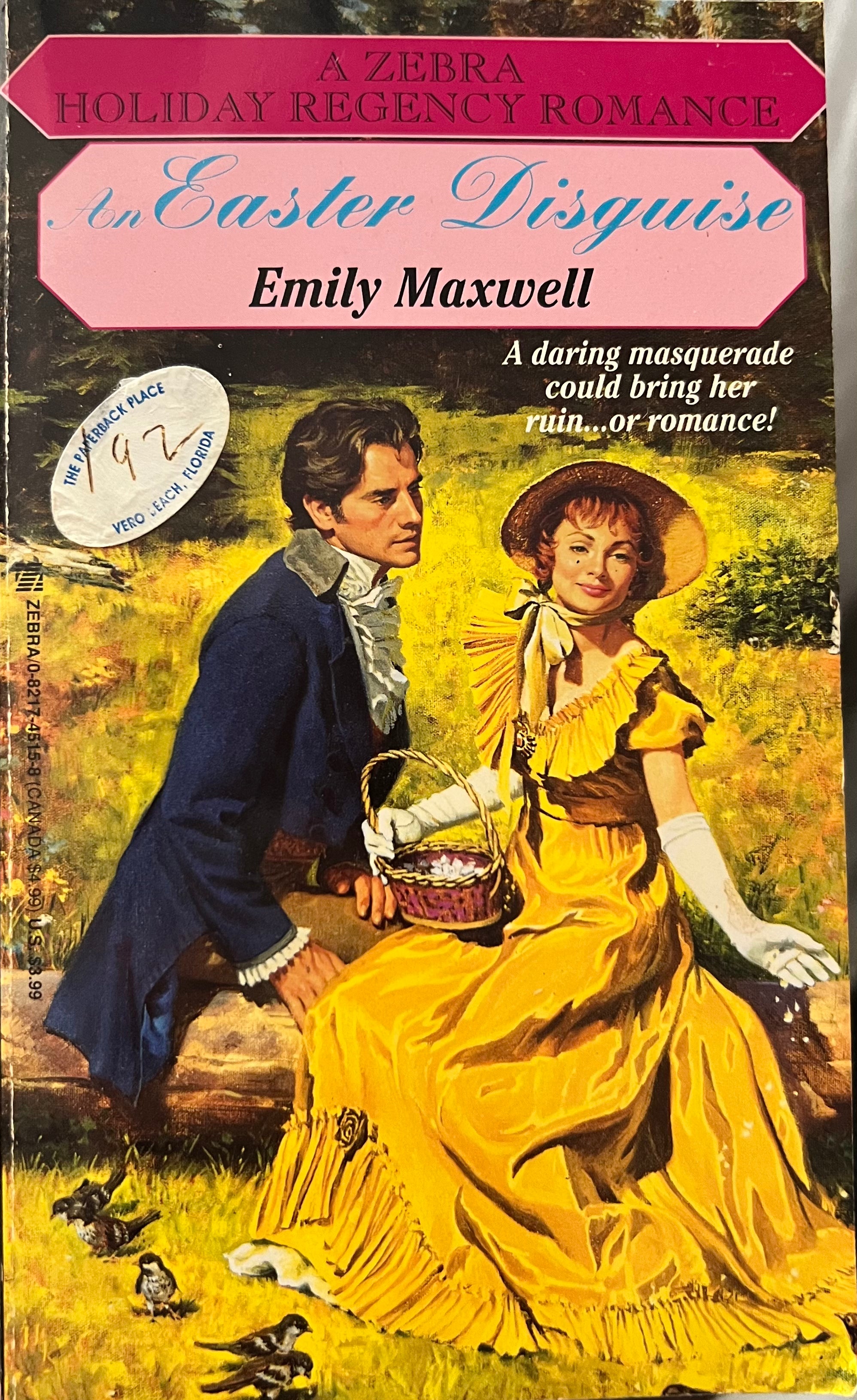 Book cover of 'In Easter Disguise' by Emily Maxwell with a man and woman in period clothing in a field.