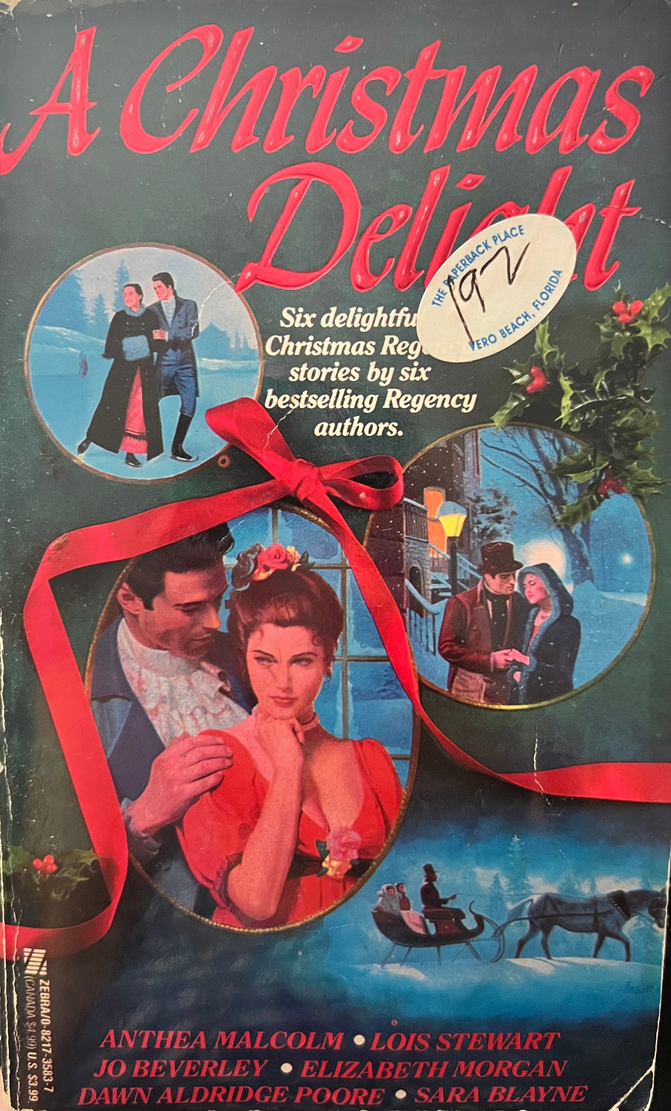 Book cover of 'A Christmas Delight' with images of couples and a red ribbon.