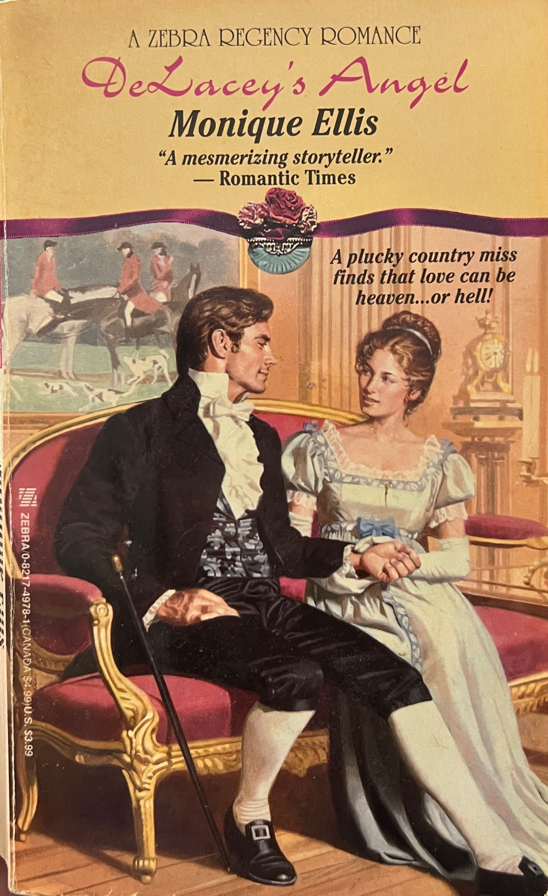 Book cover of 'De Lacey's Angel' by Monique Ellis featuring a couple in Regency attire.