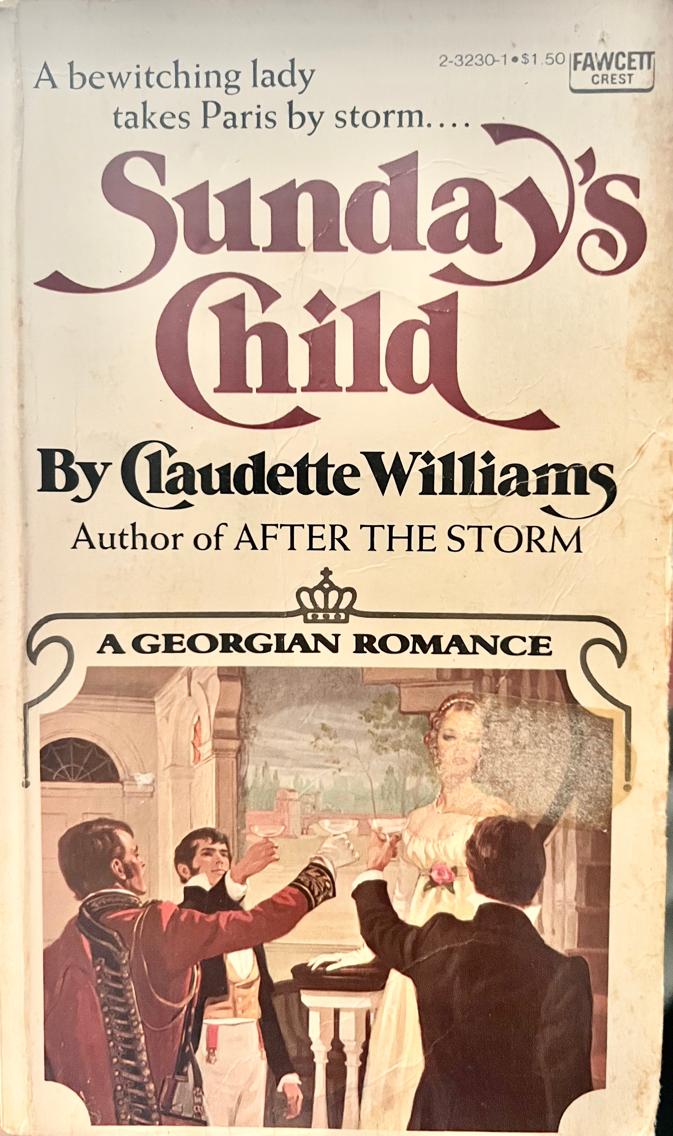 Book cover of 'Sunday's Child' by Claudette Williams featuring a scene from a Georgian romance.