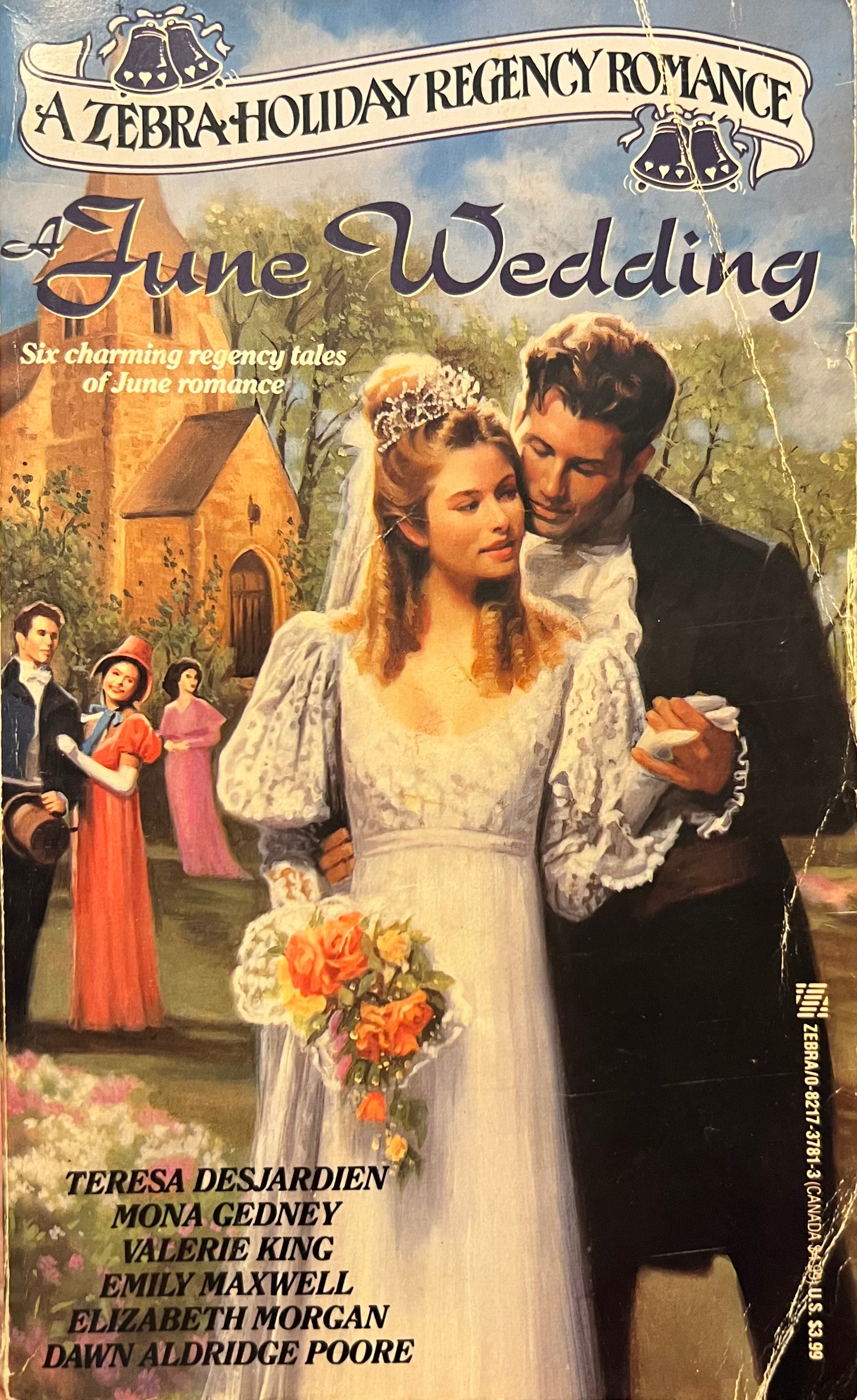 Book cover of 'A June Wedding' featuring a couple in wedding attire with a church and other people in the background.