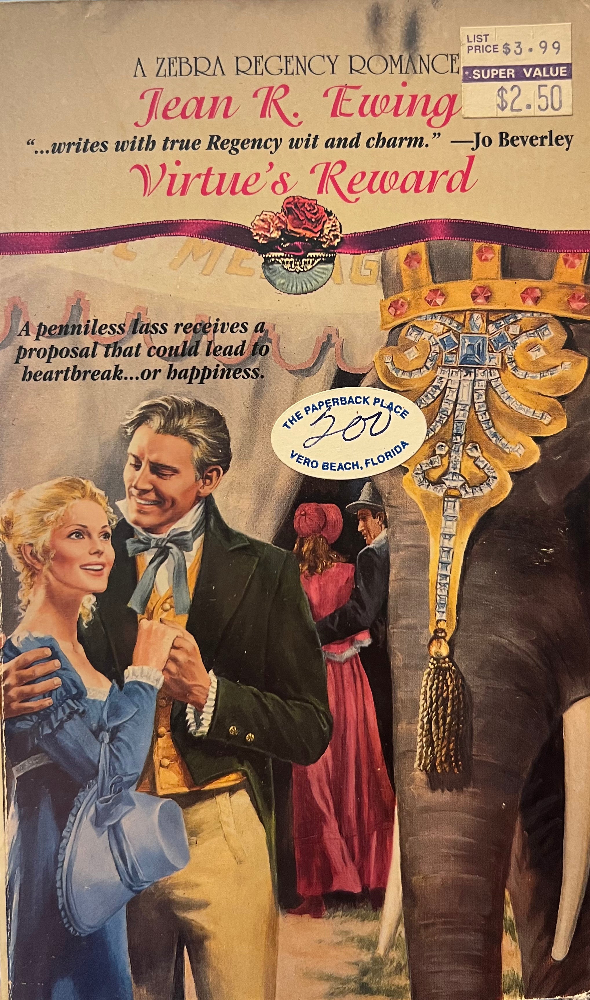Book cover of 'Virtue's Reward' by Jean R. Ewing featuring a couple and an elephant.