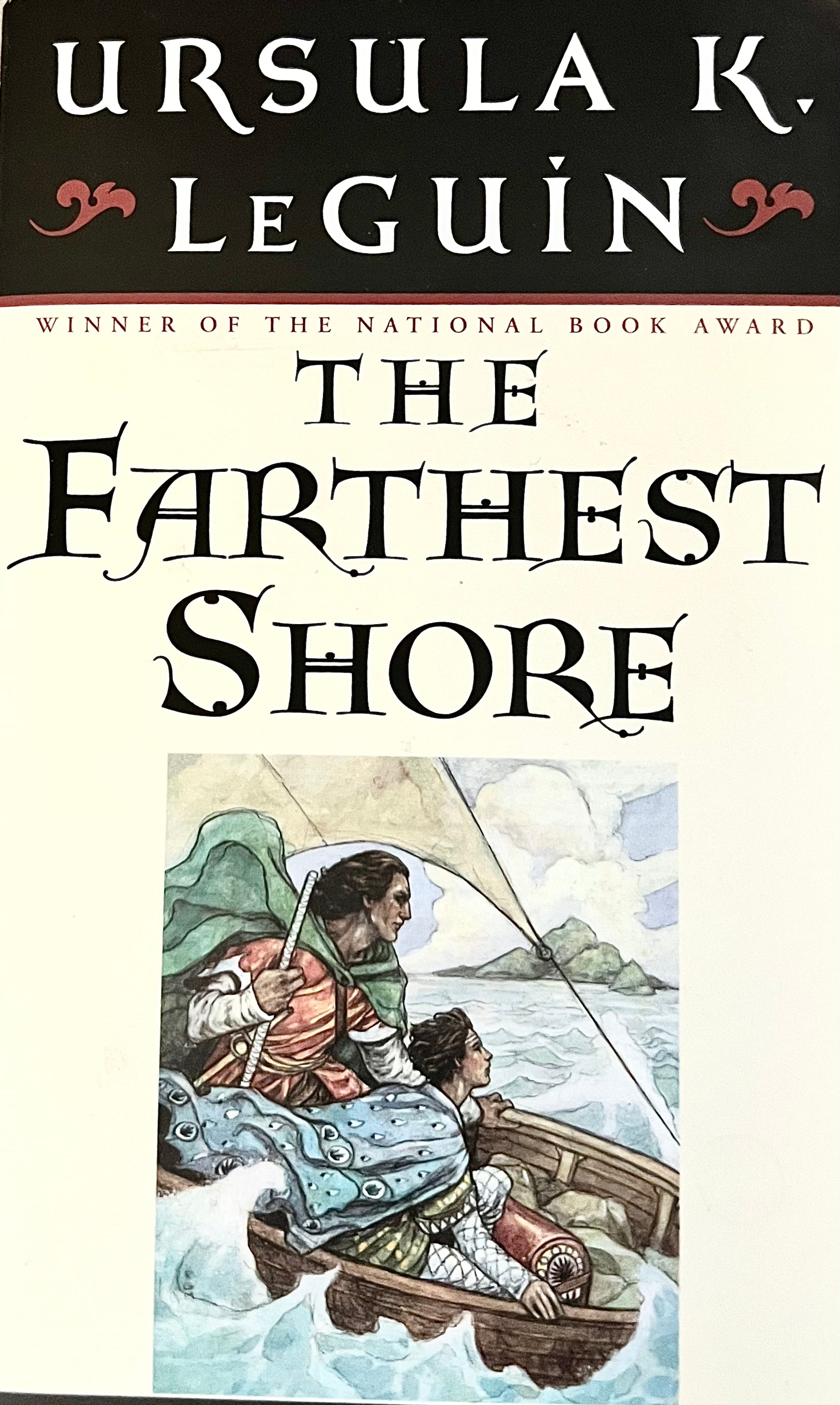 Book cover of 'The Earliest Shore' by Ursula K. Le Guin with illustration of two figures in a boat.