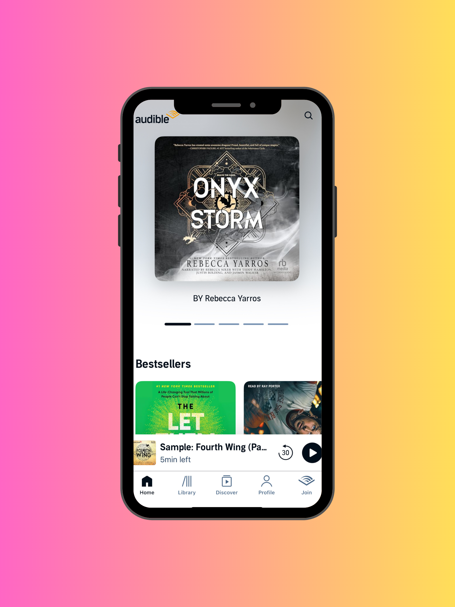 Phone displaying Audible app on a gradient background