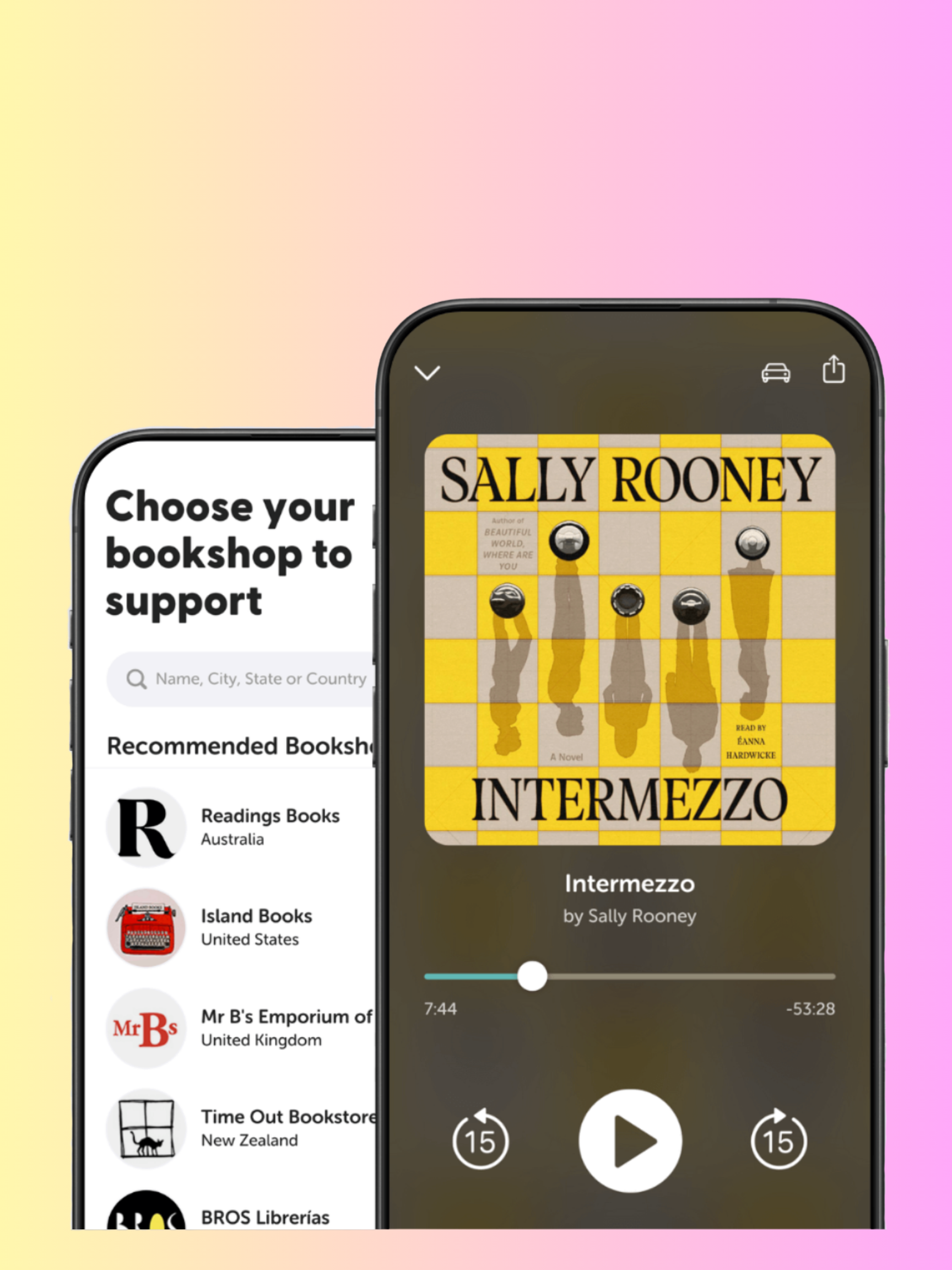 Phone displaying Sally Rooney's 'Intermezzo' on a gradient background