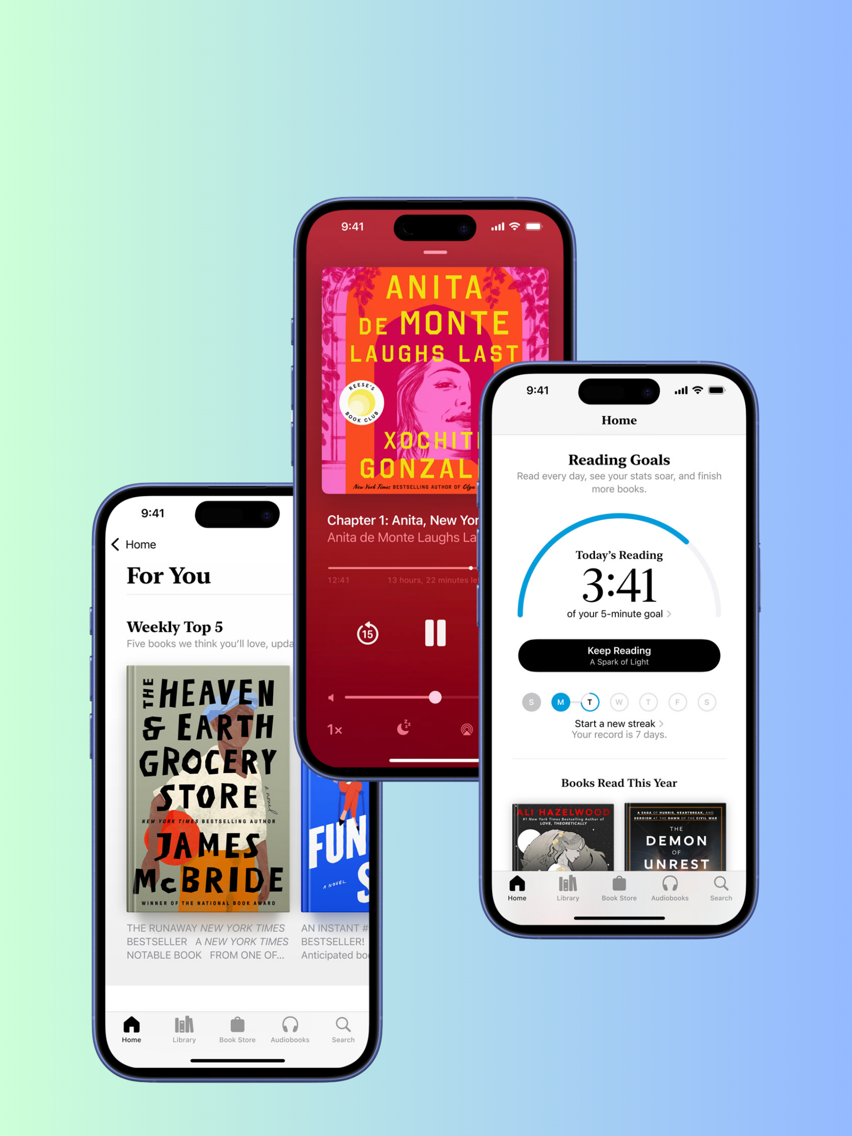 Three smartphones displaying different screens of a book or audiobook app on a gradient background.