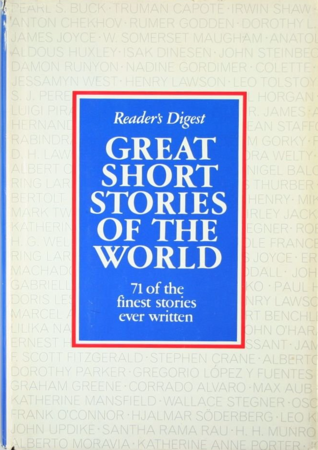 Book cover of 'Great Short Stories of the World' by Reader's Digest with a blue and red frame on a beige background.