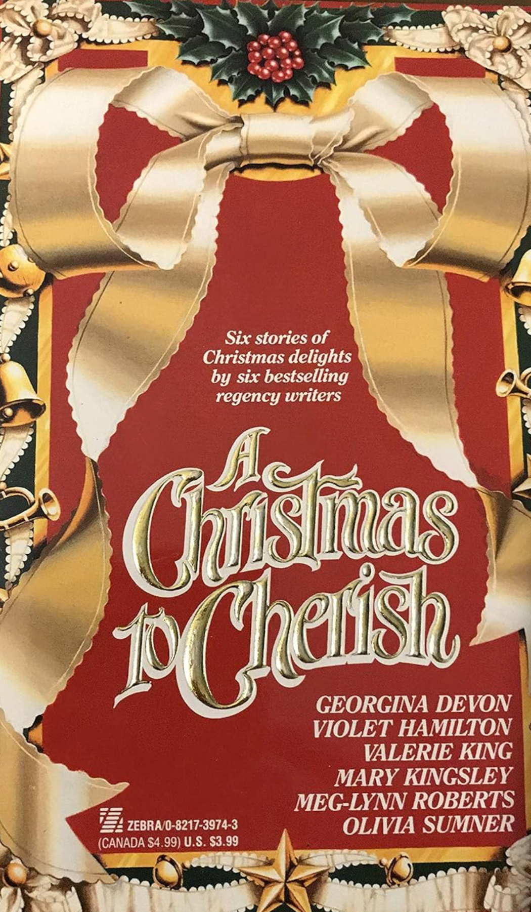 Book cover of 'A Christmas to Cherish' with gold bow and festive design