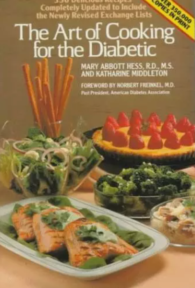 Book cover of 'The Art of Cooking for the Diabetic' with food images and text.