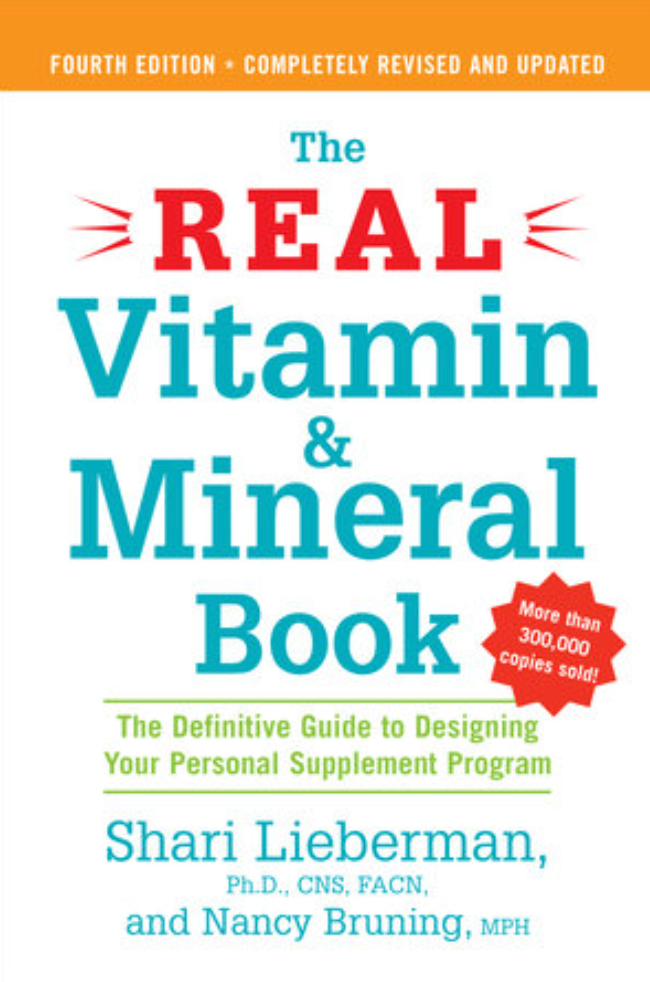 Book cover of 'The Real Vitamin & Mineral Book' by Shari Lieberman and Nancy Bruning with a white background.