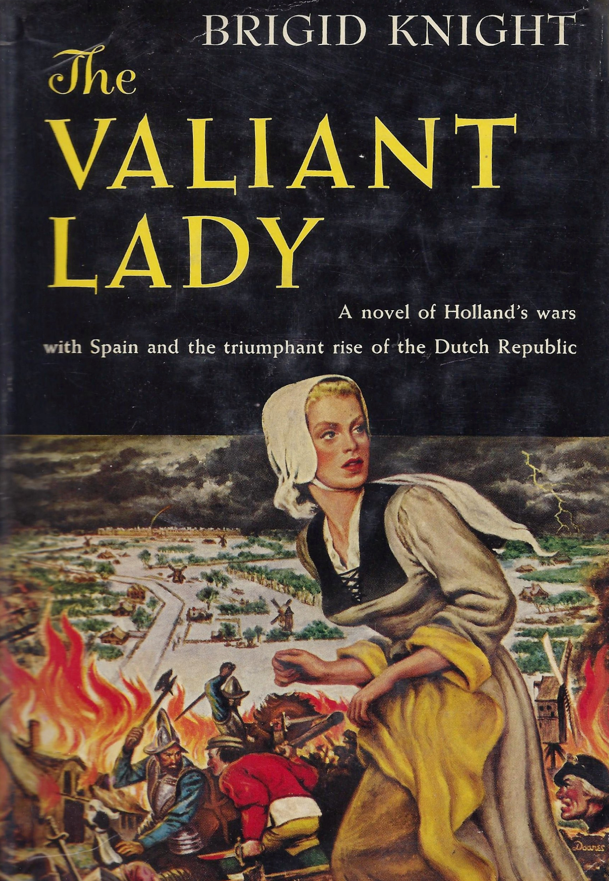 Book cover of 'The Valiant Lady' by Brigid Knight with a woman and historical scene illustration.