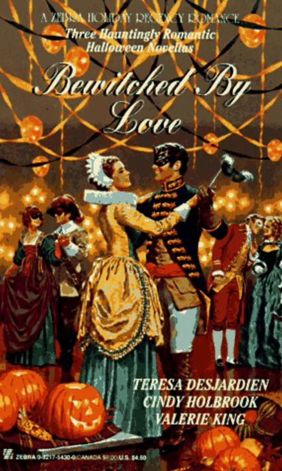 Book cover of 'Bewitched by Love' with a couple in costumes and pumpkins.