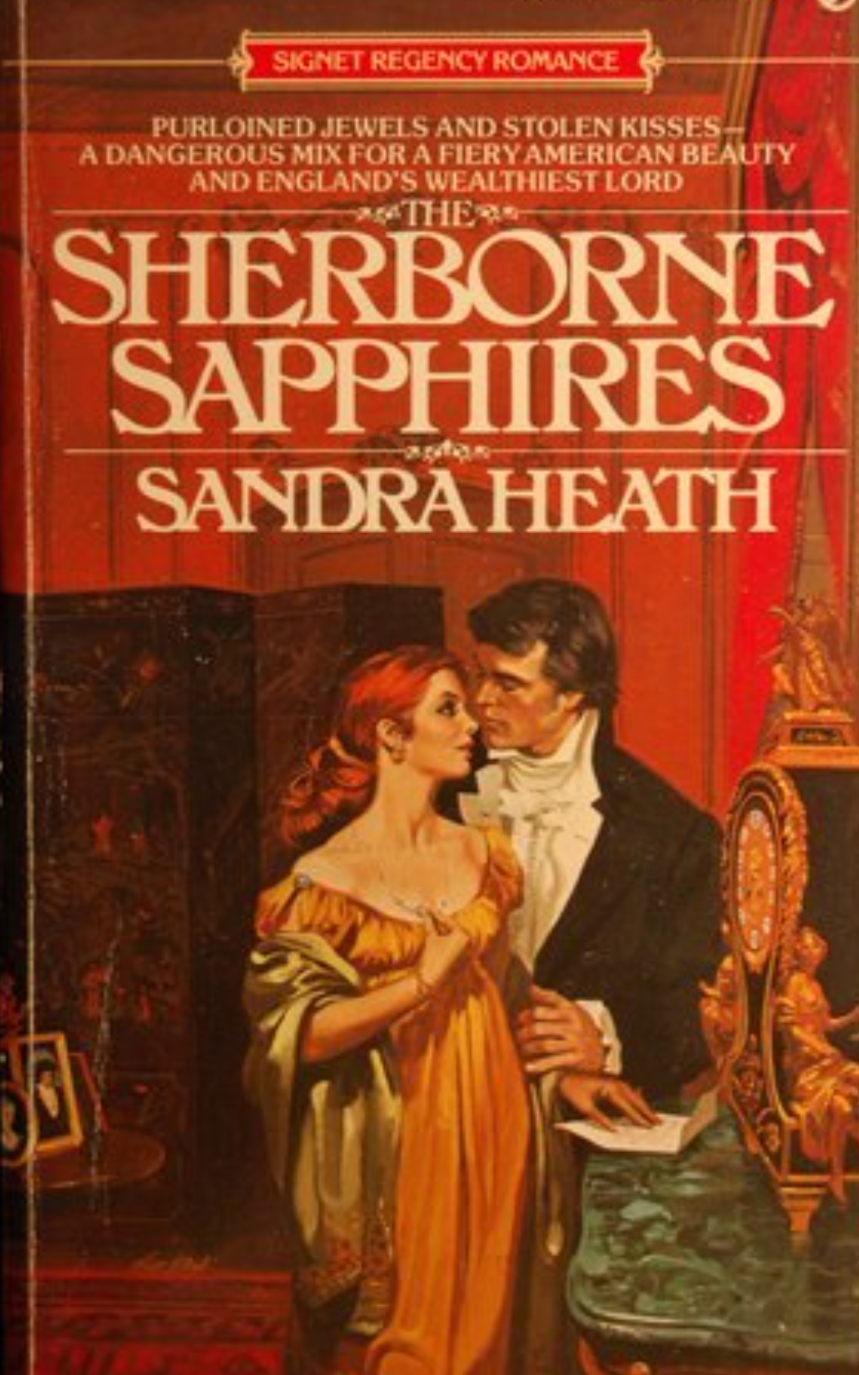 Book cover of 'The Sherborne Sapphires' by Sandra Heath featuring a couple in formal attire.
