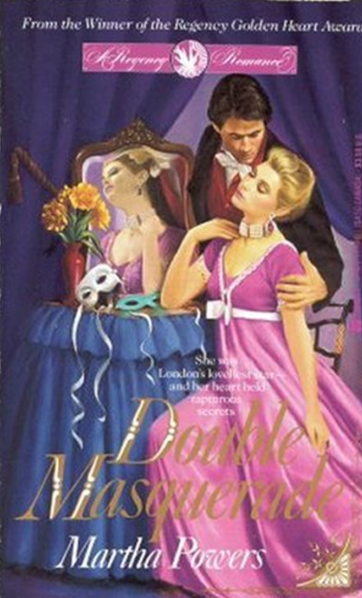 Book cover of 'Double Masquerade' by Martha Powers featuring a couple at a masquerade ball.
