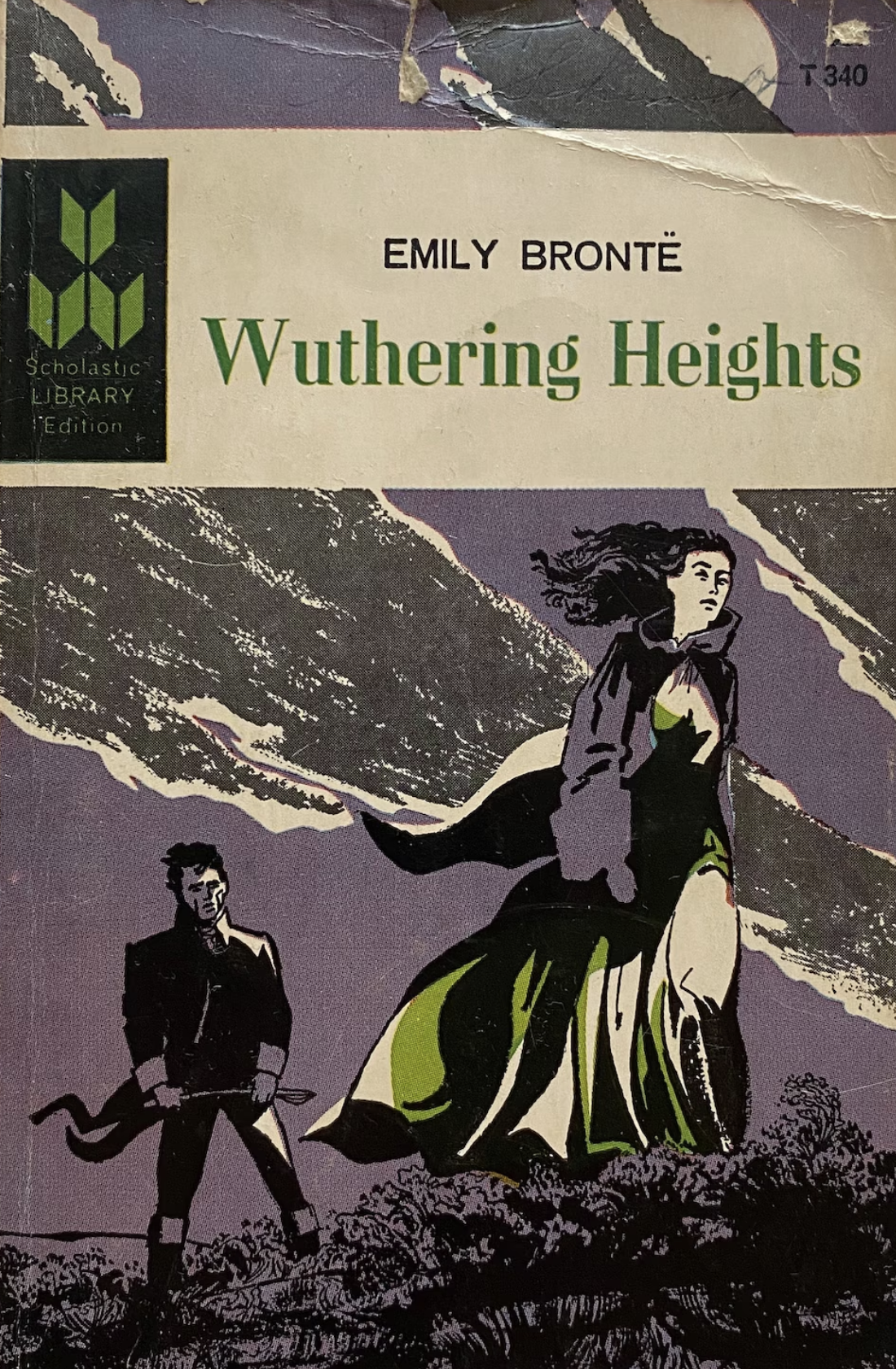 Book cover of 'Wuthering Heights' by Emily Bronté with a stylized illustration of a man and woman.