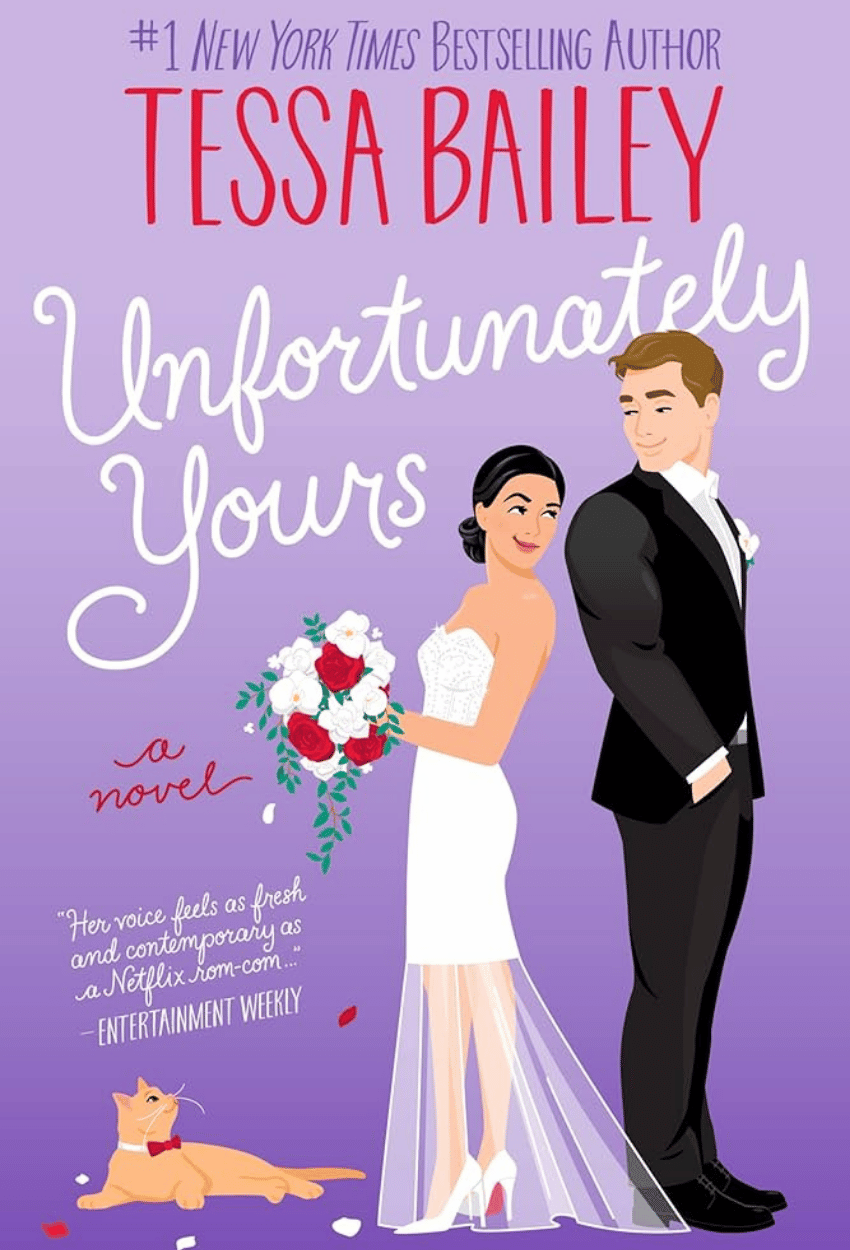 Book cover of 'Unfortunately Yours' by Tessa Bailey featuring a bride and groom on a purple background.