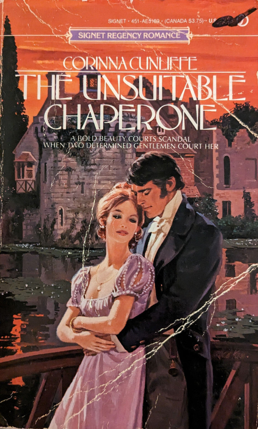 Book cover of 'The Unsuitable Chaperone' by Corinna Cunliffe with a couple embracing on a bridge.