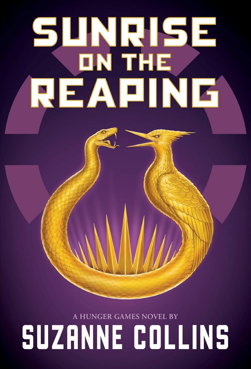 Book cover of 'Sunrise on the Reaping' by Suzanne Collins with two gold snakes on a purple background.