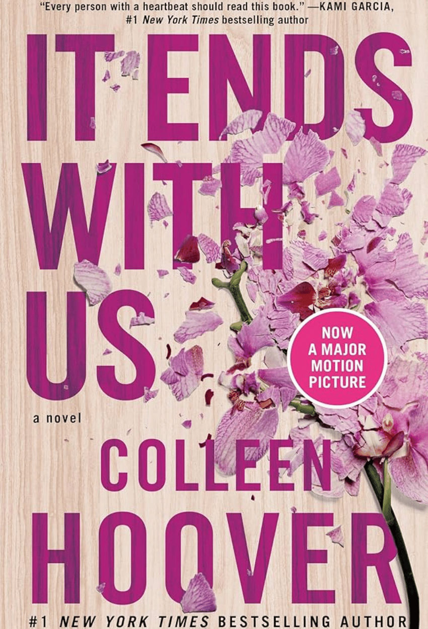 Book cover of 'It Ends with Us' by Colleen Hoover with pink flowers and text.