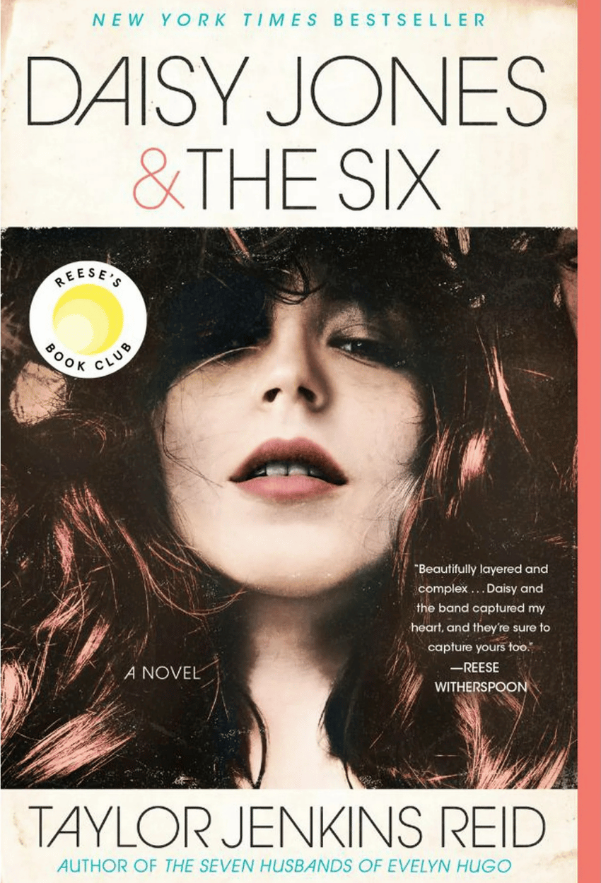 Book cover of 'Daisy Jones & The Six' by Taylor Jenkins Reid, featuring a woman's face and text about the book's popularity.