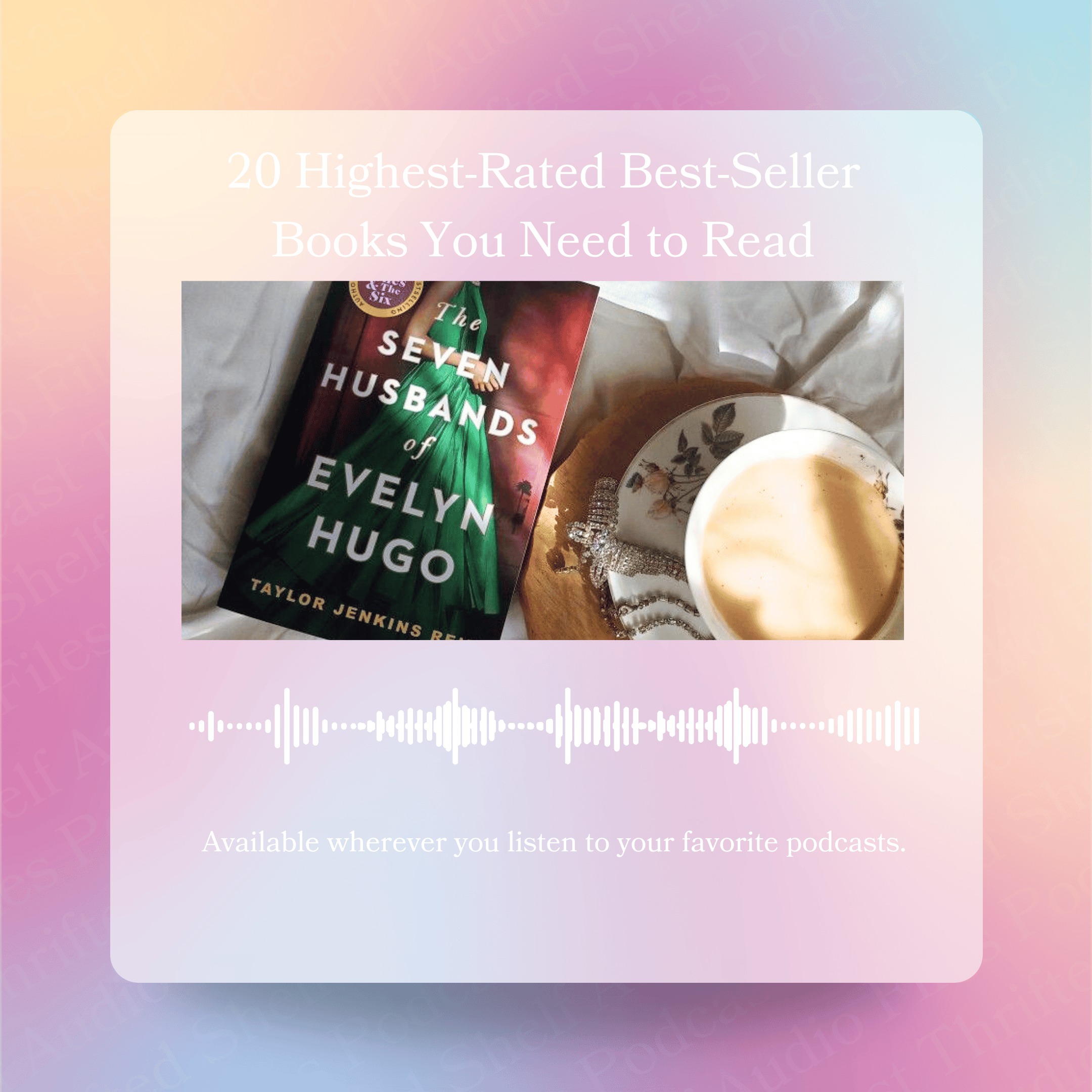 Promotional graphic for a Thrifted Shelf podcast episode about bestseller books, featuring a book and a cup of coffee on a gradient background.