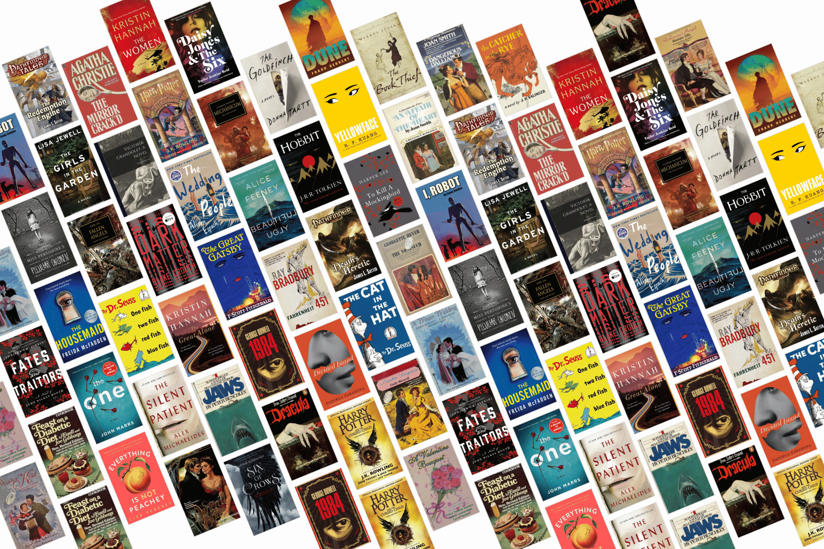 Collage of various book covers on a transparent background