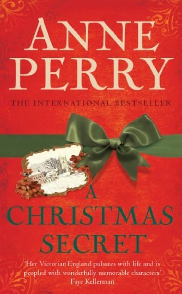 Book cover of 'A Christmas Secret' by Anne Perry with a red background and green ribbon.