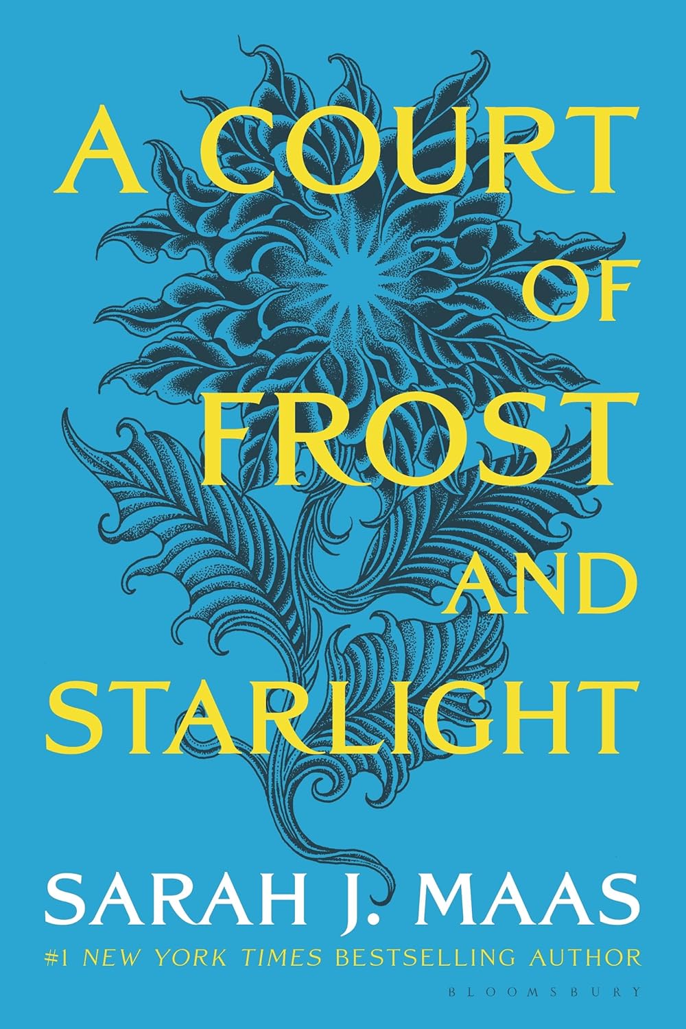 Book cover of 'A Court of Frost and Starlight' with intricate design and blue background