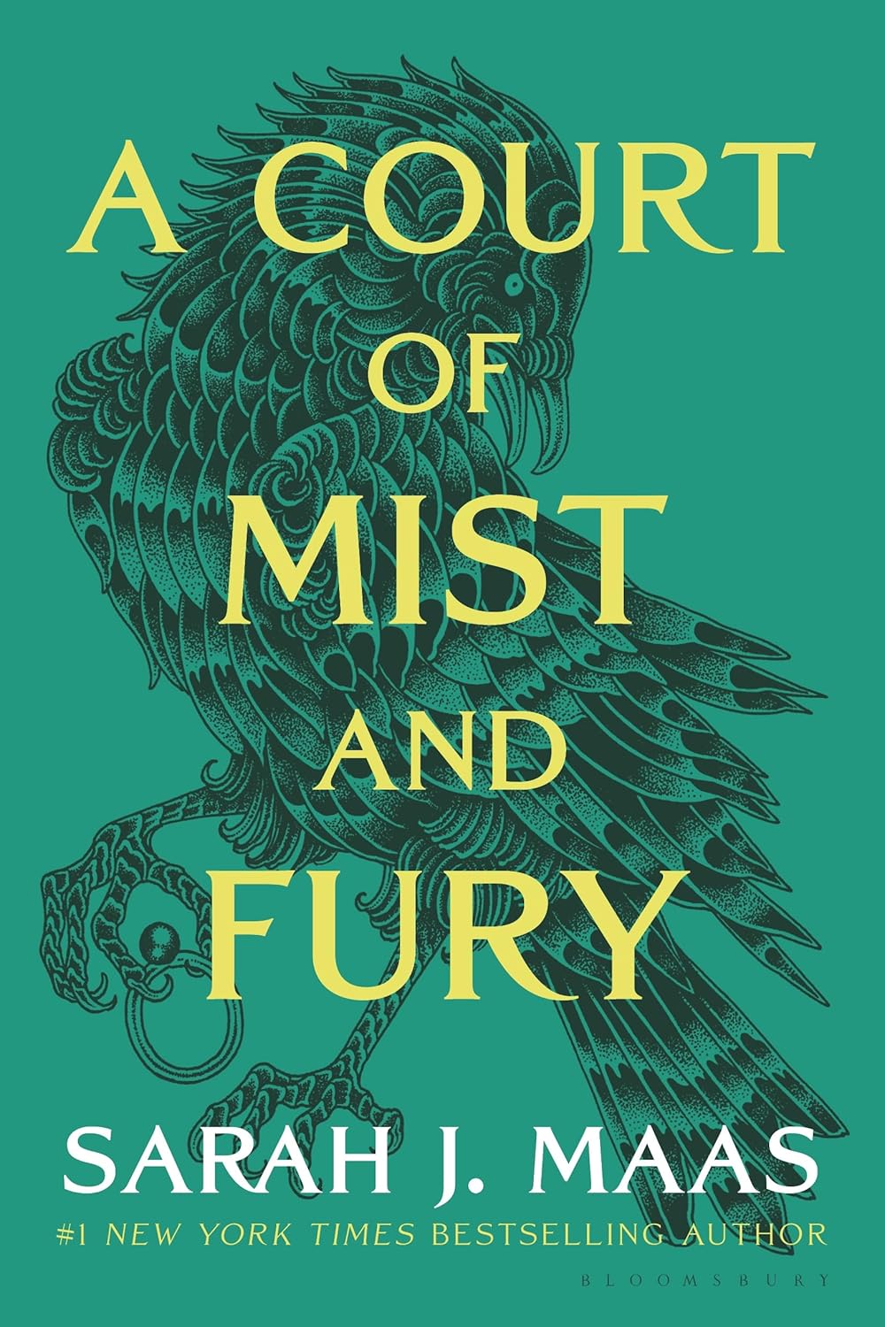 Book cover of 'A Court of Mist and Fury' with a green background and bird illustration.
