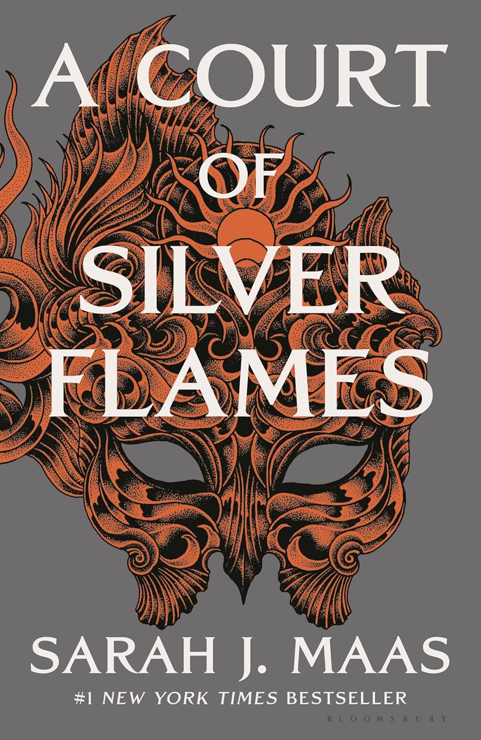 Book cover of 'A Court of Silver Flames' by Sarah J. Maas with intricate design and gray background.