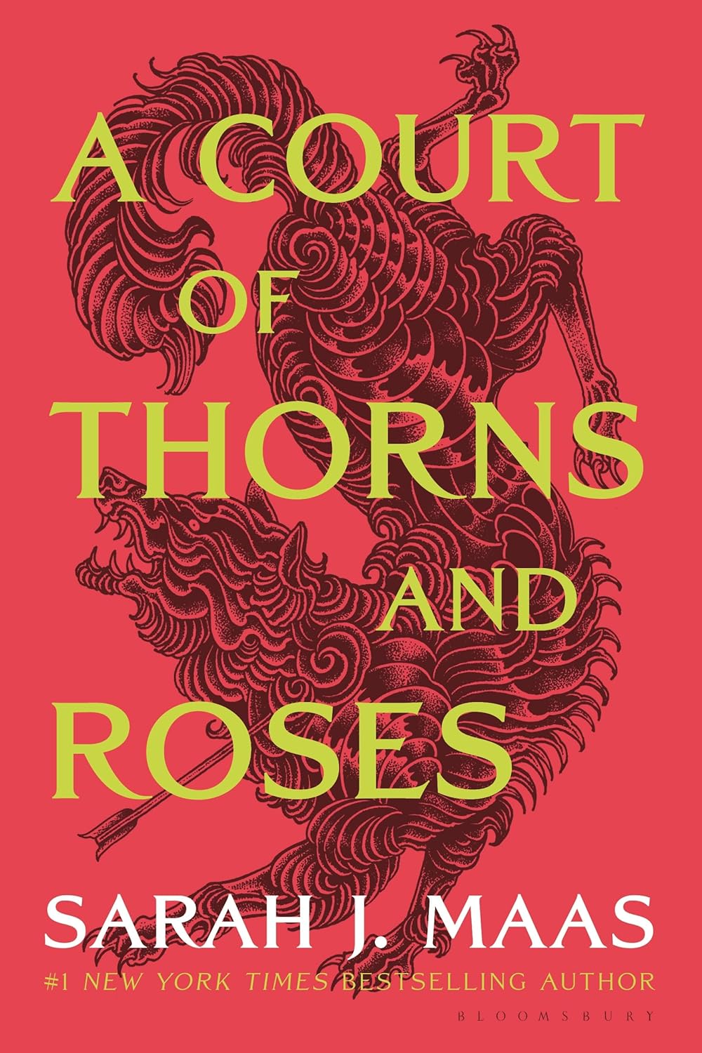 Book cover of 'A Court of Thorns and Roses' with red and yellow design on a red background