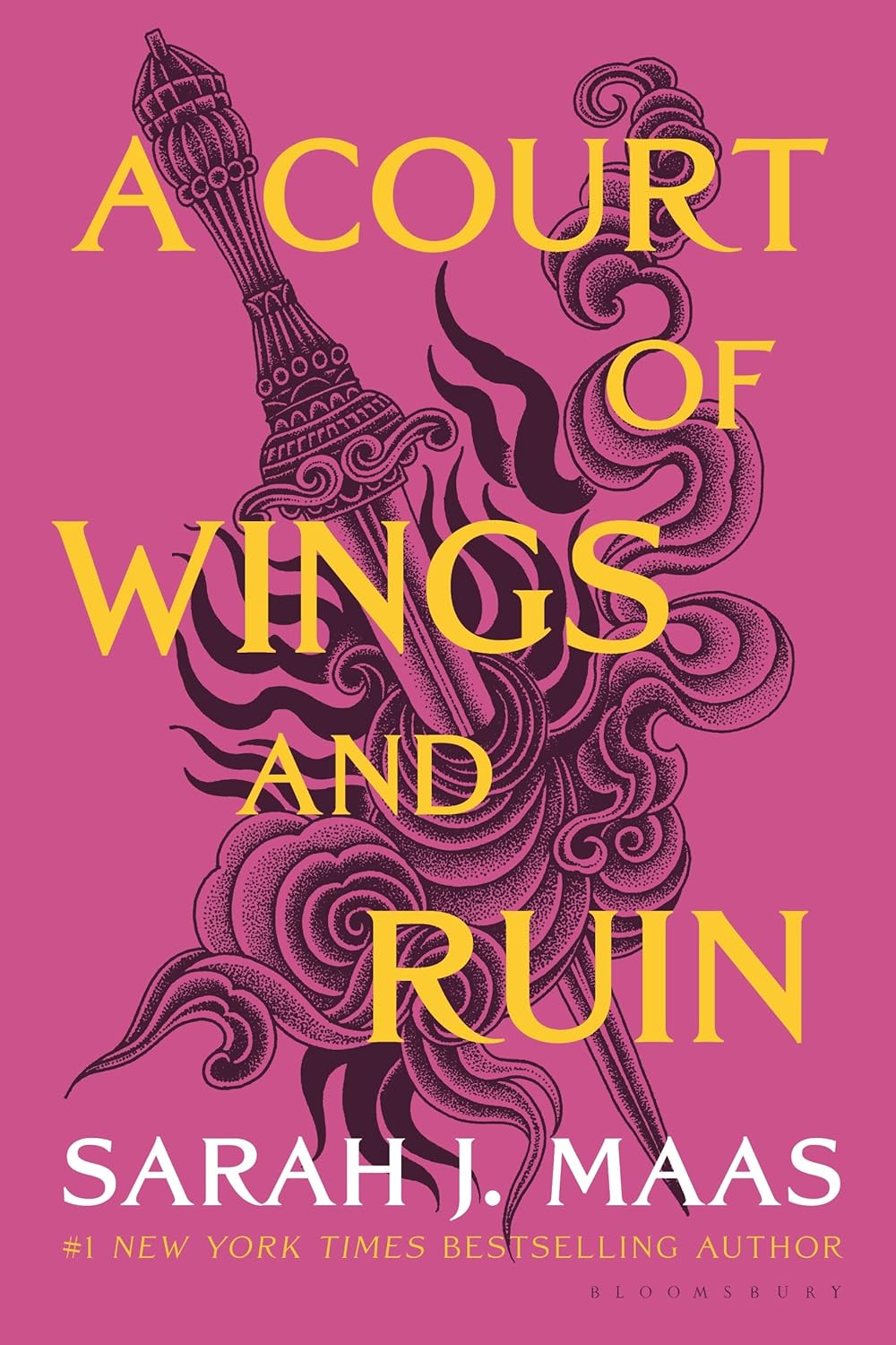 Book cover of 'A Court of Wings and Ruin' with intricate design on a pink background