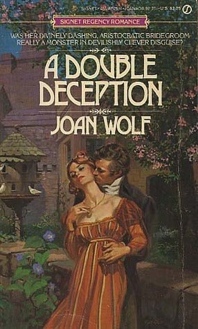 Book cover of 'A Double Deception' by Joan Wolf with a couple in a garden setting.