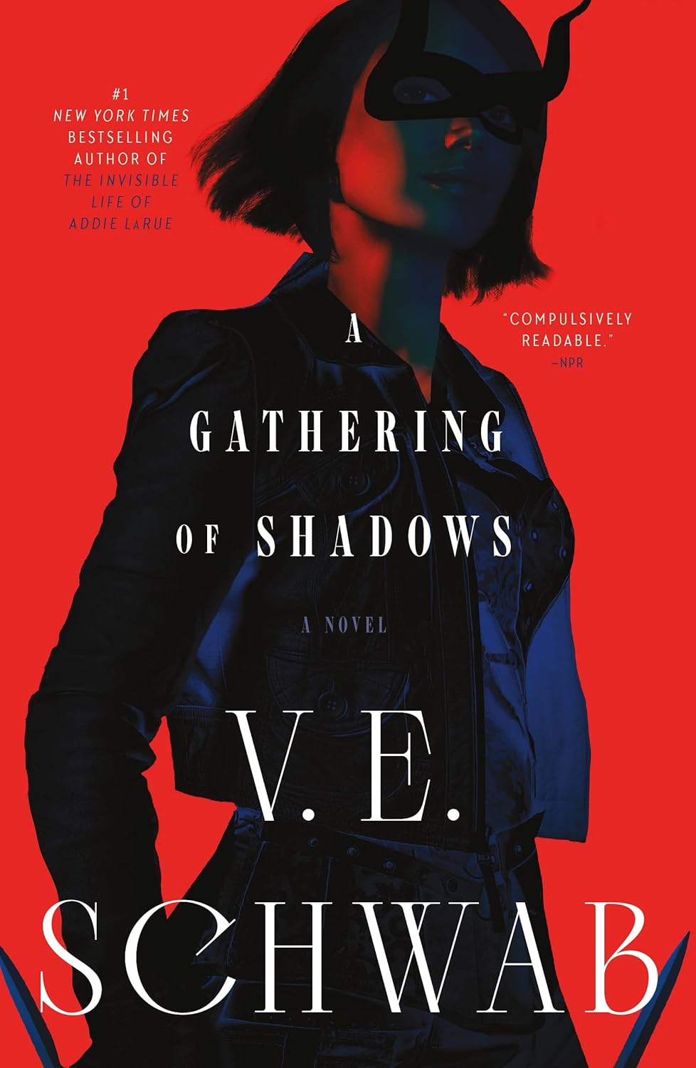 Book cover of 'A Gathering of Shadows' by V.E. Schwab with a red background and character silhouette.