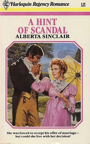 Book cover of 'A Hint of Scandal' by Alberta Sinclair featuring a couple in Regency attire.