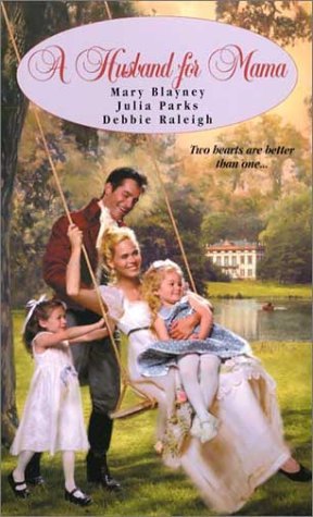 Book cover of 'A Husband for Mama' featuring a family on a swing with a scenic background.