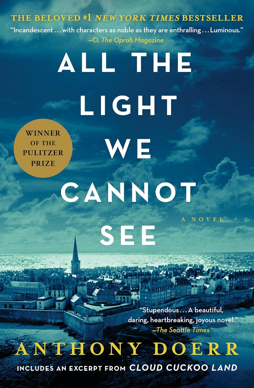 Book cover of 'All the Light We Cannot See' by Anthony Doerr with a cityscape and cloud design.