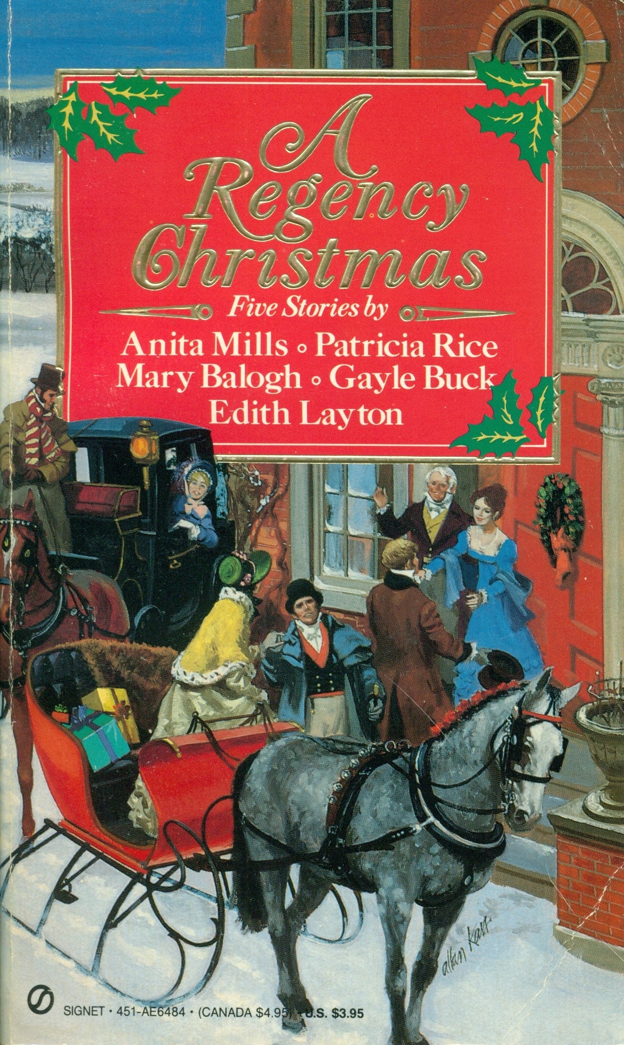 Book cover of 'A Regency Christmas' with a horse-drawn carriage and people in regency attire.
